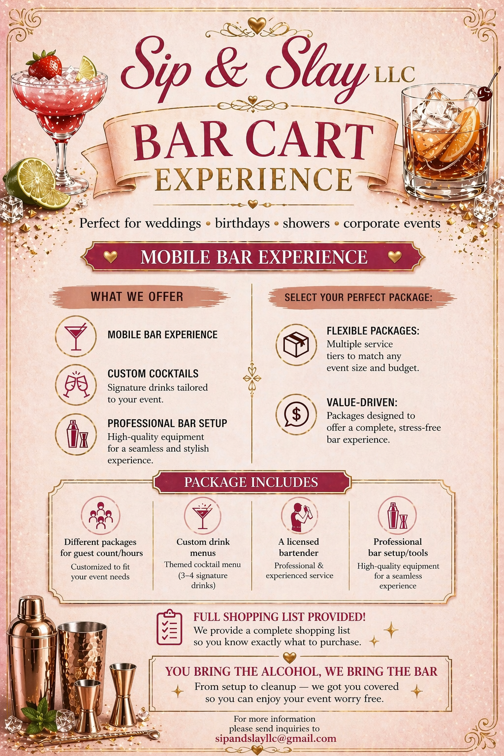 Bar Cart Experience — custom cocktails, professional bar setup, licensed bartender
